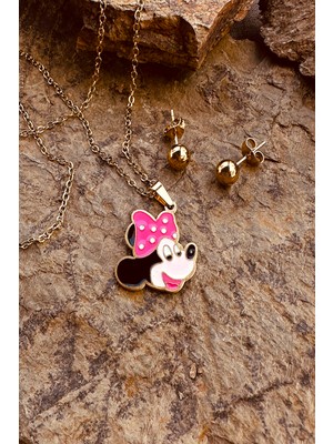 Mooni Accessories Seni Mini Fare Pembe Benekli Kurdeleli Mickey Paslanmaz Çelik Top Küpeli Kolye Seti