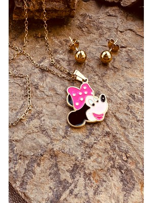 Mooni Accessories Seni Mini Fare Pembe Benekli Kurdeleli Mickey Paslanmaz Çelik Top Küpeli Kolye Seti