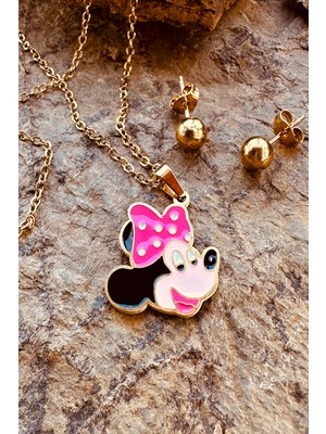 Mooni Accessories Seni Mini Fare Pembe Benekli Kurdeleli Mickey Paslanmaz Çelik Top Küpeli Kolye Seti