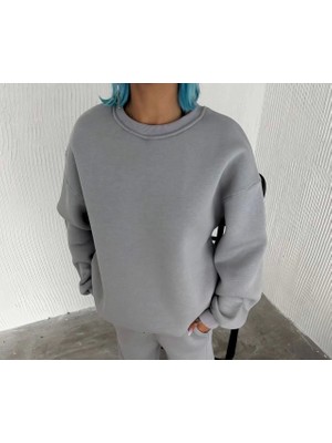 Kışlık Bisiklet Yaka Üç Iplik Basic Sweatshirt - Gri