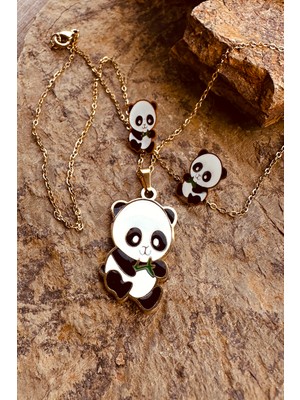 Mooni Accessories Sevimli Panda Mineli Gold Altın Renk Paslanmaz Çelik Küpe Kolye Set