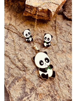 Mooni Accessories Sevimli Panda Mineli Gold Altın Renk Paslanmaz Çelik Küpe Kolye Set