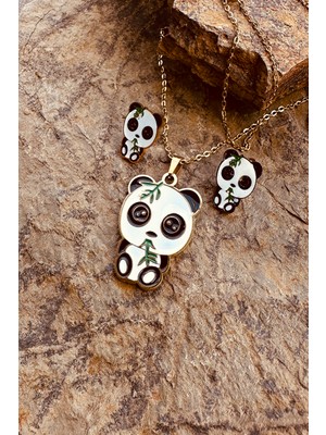 Mooni Accessories Şaşkın Panda Tasarım Altın Gold Renk Paslanmaz Çelik Zincir Kolye Küpe Set