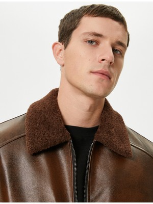 Koton Suni Kürklü Deri Ceket Cepli Slim Fit