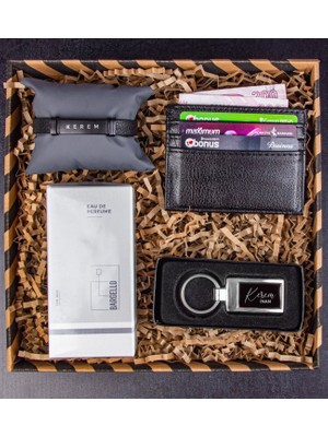 Ejoya Kişiye Özel Deri Bileklik ve Metal Anahtarlık & Kartlık & Bargello 709 Erkek Parfüm  112627
