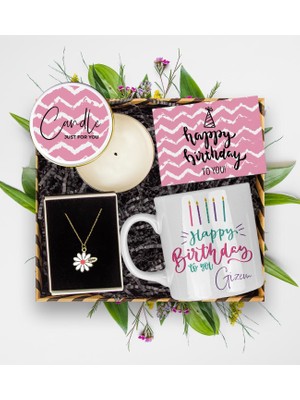 Ejoya Kişiye Özel Iyi Ki Doğdun Temalı Kupa & Mum & Kişiye Özel Isimli Pembe Papatya Kolye  113269