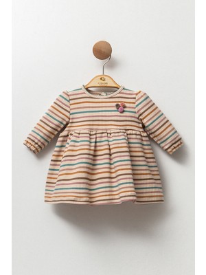 Cassiope Ponponlu Çizgili Bisiklet Yaka Uzun Kollu Kız Bebek Fitilli Elbise