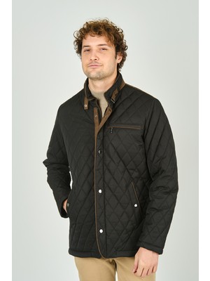 Daynax Erkek Dik Yaka Fermuar ve Çıtçıt Kapamalı Kapitone Kaban 1000 Koyu Yeşil