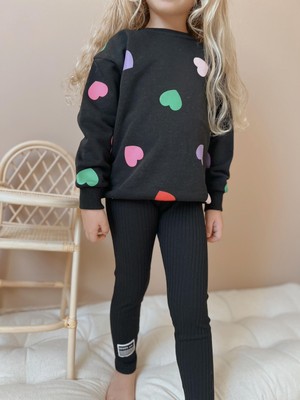 Sacro Kids Kalp Baskılı Taytlı-Sweatshirt 3 Iplik Kışlık Kız Çocuk Takım