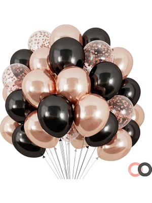 Balon Diyarı  25 adet Siyah şeffaf Konfetili, Krom Rose gold balon  Kaliteli Balon Seti