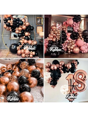 Balon Diyarı  25 adet Siyah şeffaf Konfetili, Krom Rose gold balon  Kaliteli Balon Seti