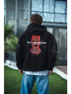 Tarz Yeri Üç Iplik Kapşonlu Baskılı Oversize Sweatshirt- Siyah