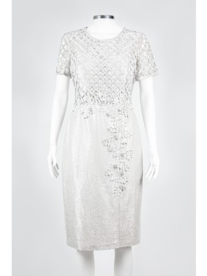 Likralı Güpür Taş Detaylı Lazer Kesim Paris Kumaş Midi Kadın Abiye