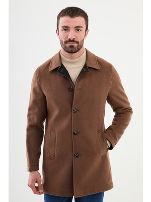 MCR Düz Siyah Kamel Slim Fit Gömlek Yaka Çift Taraflı Erkek Trench Coat