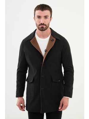 MCR Düz Siyah Kamel Slim Fit Gömlek Yaka Çift Taraflı Erkek Trench Coat