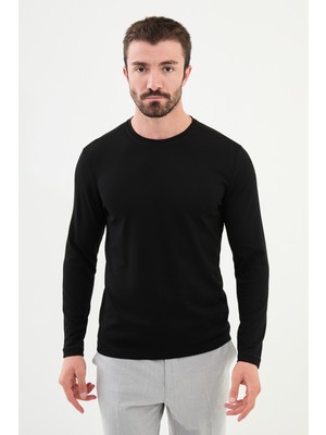 MCR Düz Siyah Slim Fit Bisiklet Yaka Uzun Kollu Erkek T-Shirt