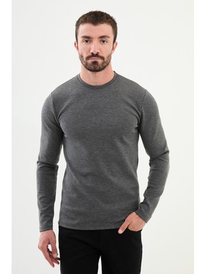 MCR Düz Antrasit Slim Fit Bisiklet Yaka Uzun Kollu Erkek T-Shirt