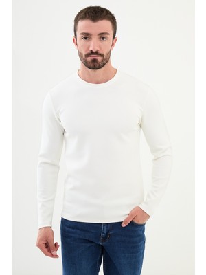 Düz Ekru Slim Fit Bisiklet Yaka Uzun Kollu Erkek T-Shirt