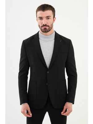 MCR Düz Siyah Slim Fit Mono Yaka Punto Dikiş Yün Erkek Ceket