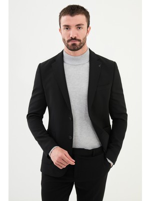 MCR Düz Siyah Slim Fit Mono Yaka Punto Dikiş Yün Erkek Ceket