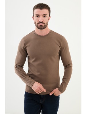 MCR Düz Kahverengi Slim Fit Bisiklet Yaka Uzun Kollu Erkek T-Shirt