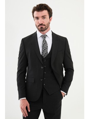 MCR Ekoseli Siyah Slim Fit Mono Yaka Klasik Yün Erkek Takım Elbise