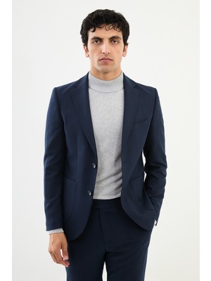 MCR Desenli Lacivert Slim Fit Torba Cep Mono Yaka Erkek Takım Elbise