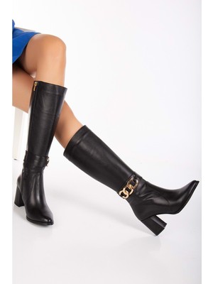 Analin Shoes Kadın  Deri Toka Detaylı Çizme - Siyah