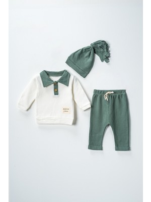 Lusana  2057 6-18 Ay Yakalı Şapkalı 3'lü  Waffle Takım