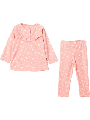 Lusana 24401 9-24 Ay Kız Yaka Fırfırlı Çiçek Baskılı 2li Takım