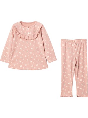 Lusana 24401 9-24 Ay Kız Yaka Fırfırlı Çiçek Baskılı 2li Takım