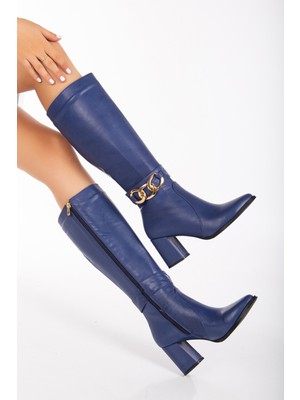 Analin Shoes Kadın  Deri Toka Detaylı Çizme - Saks Mavi