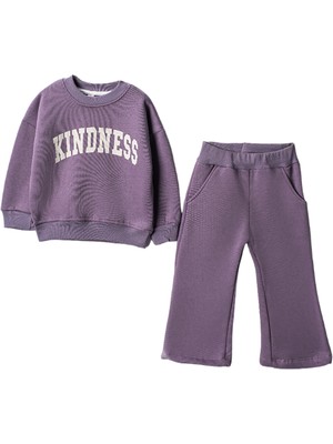 Lusana 9908 Kindness Baskılı 2-5 Yaş Kız Çocuk Takım Lila Renk 3 İplik Rahat Tasarım