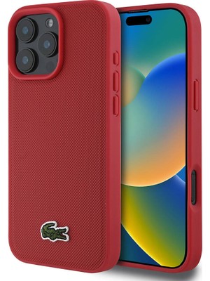Lacoste Apple iPhone 16 Pro Kılıf Lacoste Orjinal Lisanslı Pu Pike Desenli Ikonik Timsah Dokuma Logolu Kırmızı