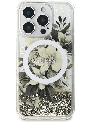 Guess Apple iPhone 16 Pro Uyumlu Kılıf Guess Orjinal Lisanslı Magsafe Özellikli Sıvılı Simli Çiçek Desenli Bej