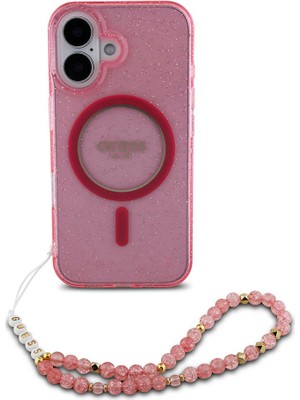 Guess Apple iPhone 16 Uyumlu Kılıf Guess Orjinal Lisanslı Magsafe Özellikli Simli Silikon Inci Bileklikli Pembe