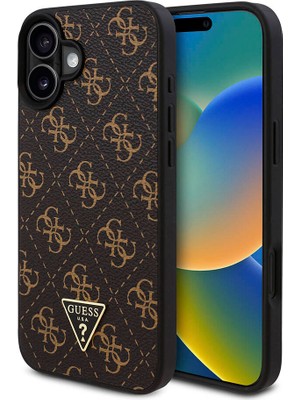 Guess Apple iPhone 16 Uyumlu Kılıf Guess Orjinal Lisanslı Pu Deri 4g Desenli Üçgen Logolu Kapak Siyah