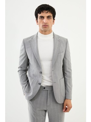 Desenli Gri Slim Fit Torba Cep Mono Yaka Erkek Takım Elbise