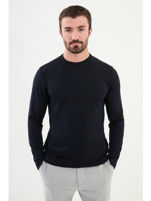 MCR Düz Lacivert Slim Fit Bisiklet Yaka Uzun Kollu Erkek T-Shirt