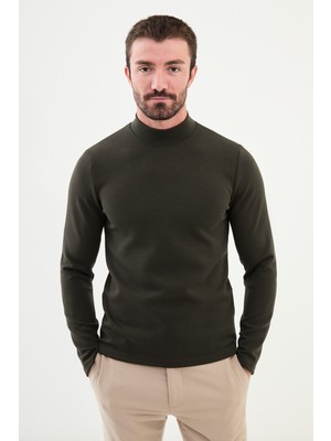 MCR Düz Haki Slim Fit Yarım Balıkçı Yaka Uzun Kollu Erkek T-Shirt