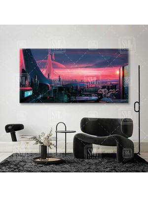 SML Tablo Fütüristik Dünya Şehir Gün Batımı Gelecekte Dünya Enine Yatay Kanvas Tablo