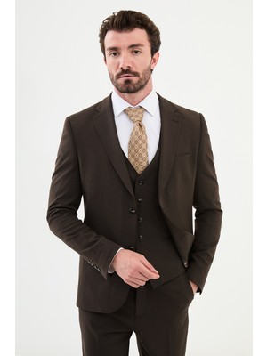 MCR Ekoseli Kahverengi Slim Fit Mono Yaka Klasik Yün Erkek Takım Elbise