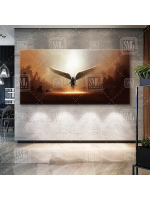 SML Tablo Kanatlarını Açmış Şehre Inen Archangel Michael Kurtarıcı Melek Oyun Game Enine Yatay Kanvas Tablo