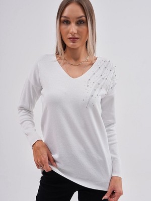 D'lavella Taş Detaylı V Yaka Triko Bluz