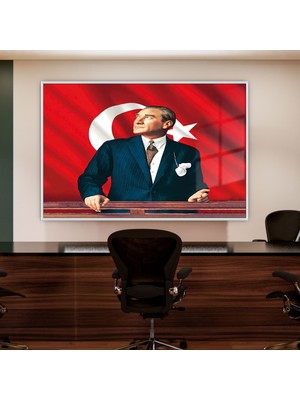 Gaagart Metal Çerçeveli Yatay Cam Ofis Duvar Tablosu Atatürk Portresi