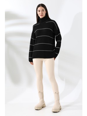 Çizgili Boğazlı Triko Kadın  Siyah Kazak