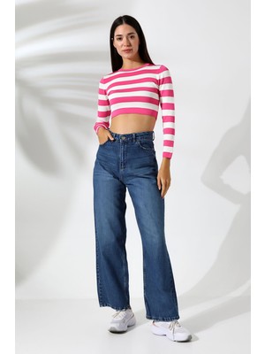 Çizgili Kadın Triko Pembe Crop Kazak