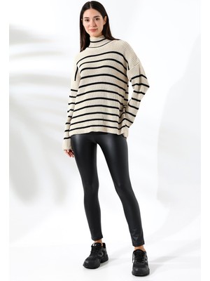 Balıkçı Yaka Çizgili Triko Açık Kahverengi Kadın Kazak