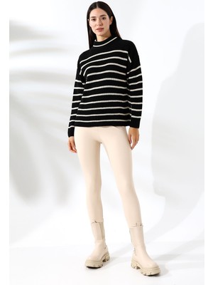 Balıkçı Yaka Çizgili Triko Siyah Kadın Kazak