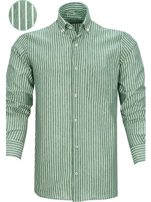 Erkek Yeşil Çizgili Yaka Düğmeli Uzun Kollu Geniş Kesim Gömlek